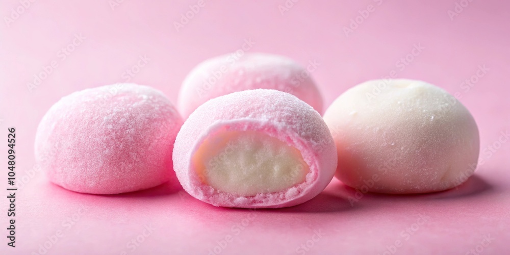 Three pink white mochi halves on pink background Three pink white mochi halves on pink background