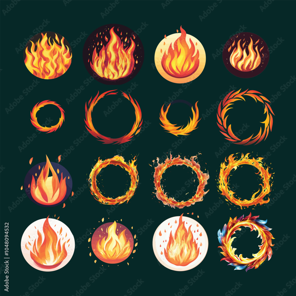 Collection of Fire and Flame Circle Illustrations - Vector Icons of Burning Fire Rings and Fiery Symbols Collection of Fire and Flame Circle Illustrations - Vector Icons of Burning Fire Rings and Fiery Symbols