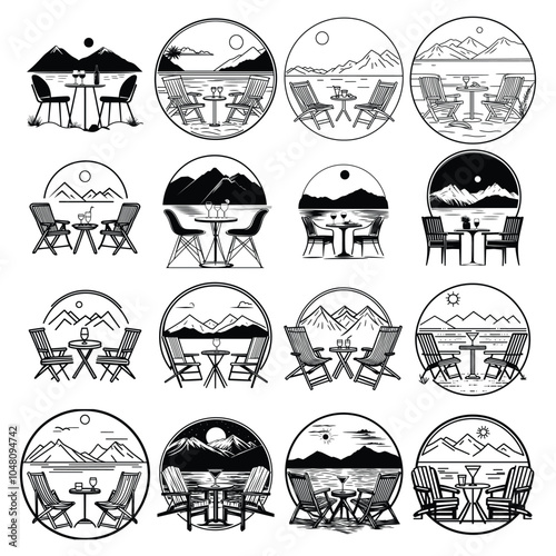 Scenic Outdoor Seating with Mountain and Lake Views - Black and White Vector Illustrations of Lakeside Tables and Chairs