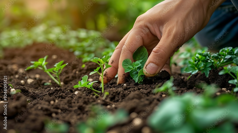 Farmer hand planting seedlings of tomato in fertile soil at vegetable garden Farmer hand planting seedlings of tomato in fertile soil at vegetable garden