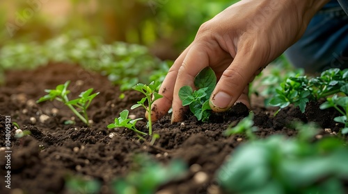 Farmer hand planting seedlings of tomato in fertile soil at vegetable garden