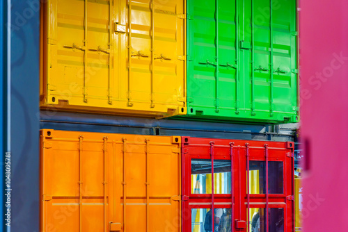 Warehouse building with various colorful shipping containers