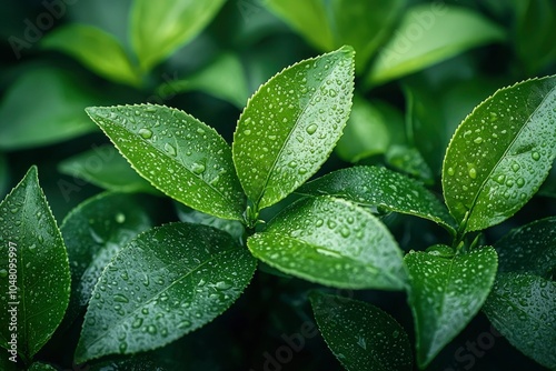 Close-up of Green Leaves Covered in Dew Drops