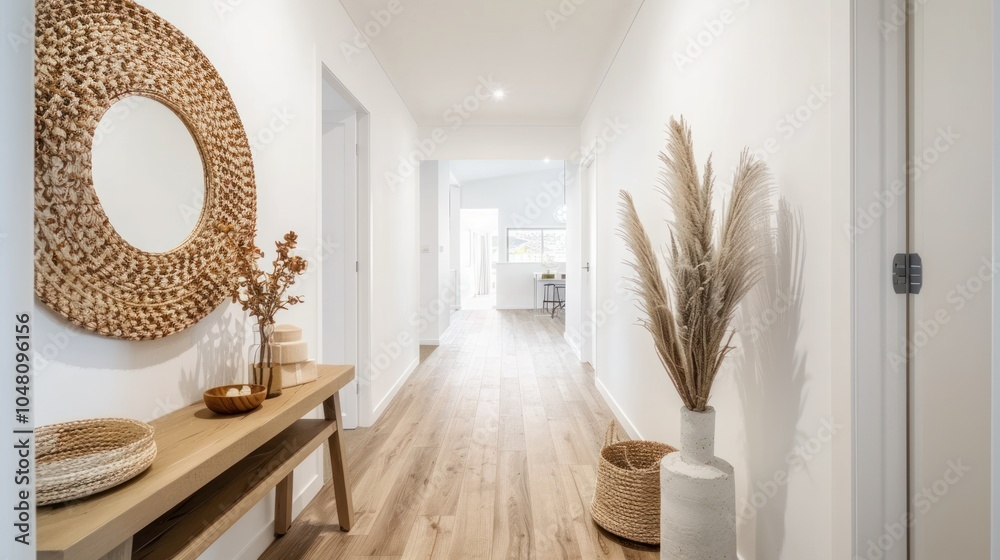 A modern hallway with a woven mirror and a wooden console table A modern hallway with a woven mirror and a wooden console table
