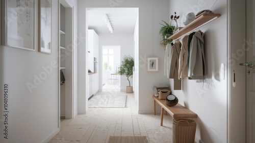 Minimalist Entryway with Wooden Shelf, Bench, and Basket