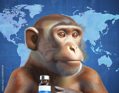 Image depicts a chimpanzee holding a vial against a world map backdrop, symbolizing advancements in global medical research and vaccine development. shows animal studies in biomedical science. photo