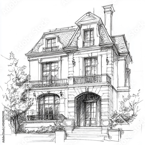 Architectural Concept Art of Climbing Pitched Roof Villa in Pencil Sketch for Illustration Book
