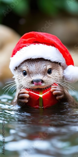 Cute otter wearing a Santa hat, holding a Christmas gift in water. photo