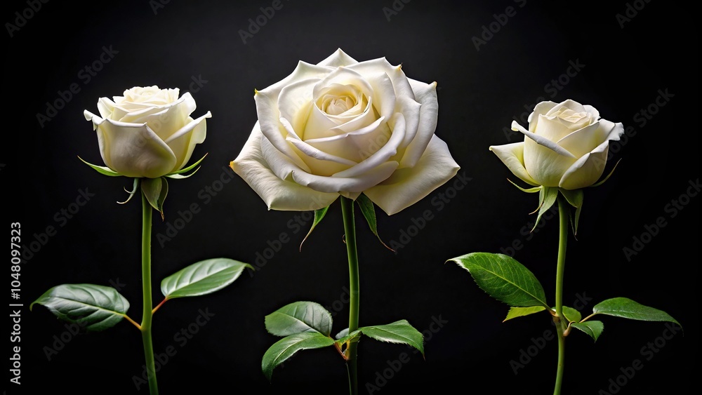 Fototapeta premium Three white roses in various stages of growth in front of a dark background panoramic