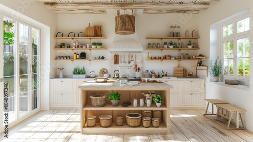 Wallpaper Mural A Modern Kitchen with White Cabinets and a Wooden Island Torontodigital.ca