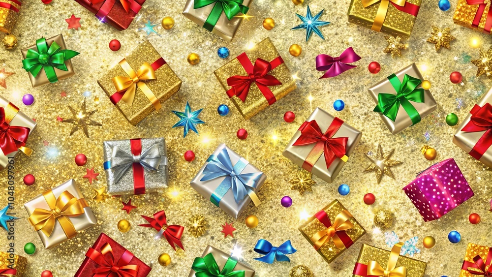 A Festive Celebration of Wrapped Gifts Adorned with Sparkling Bows and Ornaments on a Glittering Gold Background A Festive Celebration of Wrapped Gifts Adorned with Sparkling Bows and Ornaments on a Glittering Gold Background