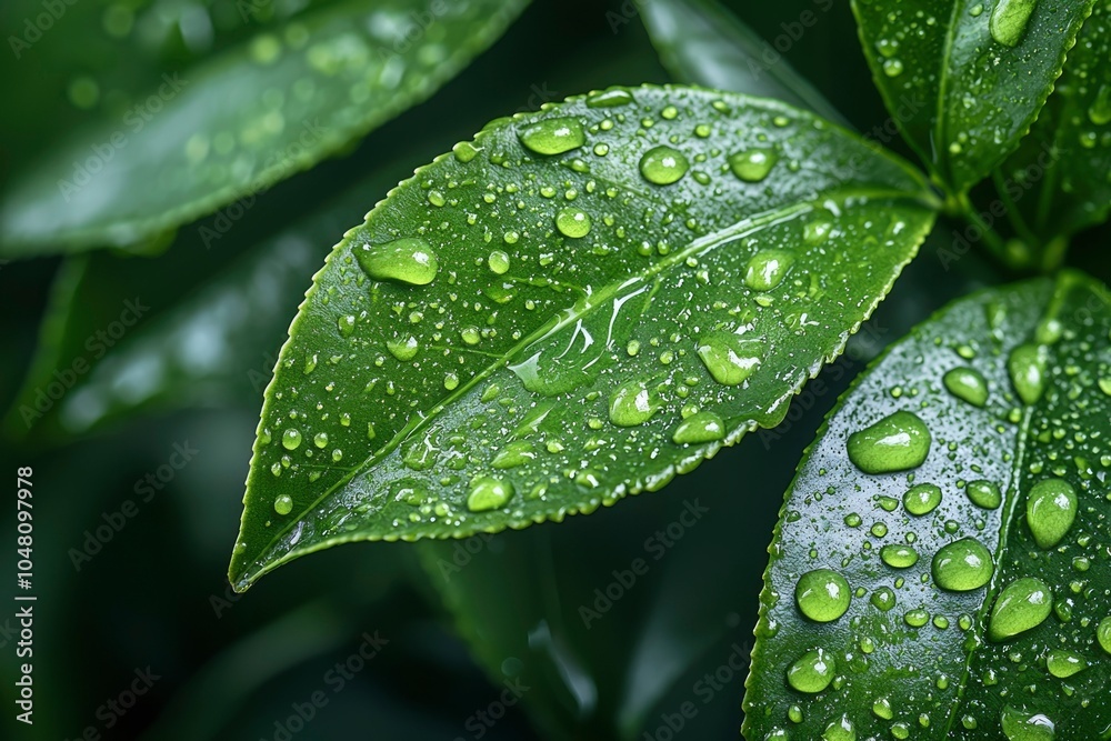 Close-up of Dew-Covered Green Leaves in Lush Foliage Close-up of Dew-Covered Green Leaves in Lush Foliage