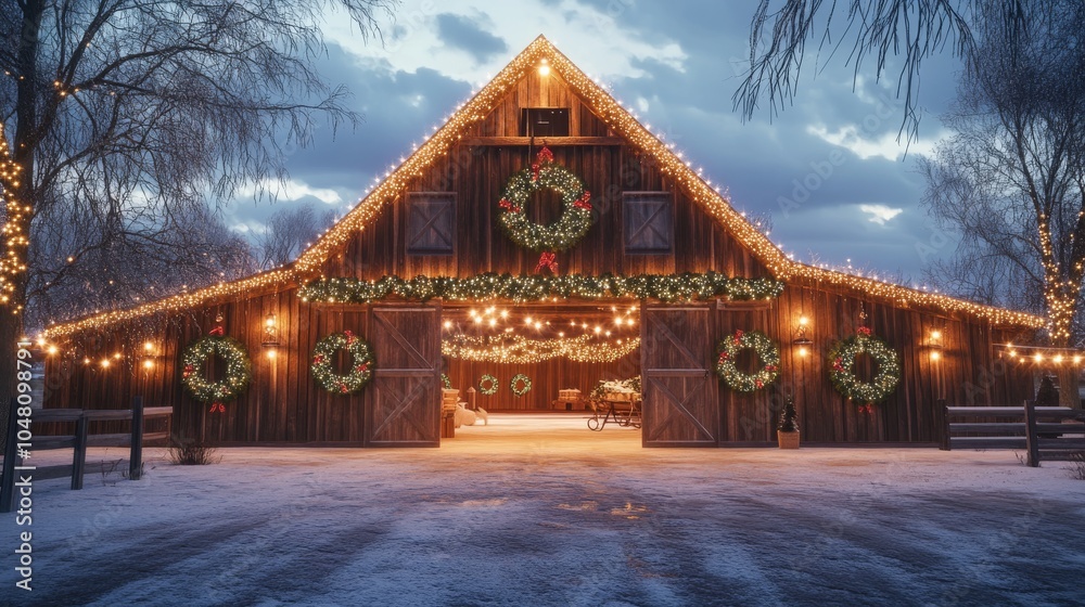 Holiday Barn Decorated with Wreaths and Lights Holiday Barn Decorated with Wreaths and Lights