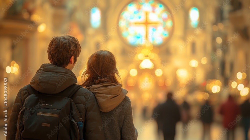 People gathered in a church hall for a service, with a Catholic cross and stained glass windows softly illuminated in the background People gathered in a church hall for a service, with a Catholic cross and stained glass windows softly illuminated in the background