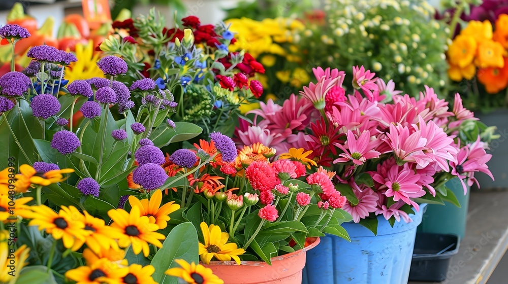 Fototapeta premium Various colorful flowers arranged in containers at a bustling spring farmers market