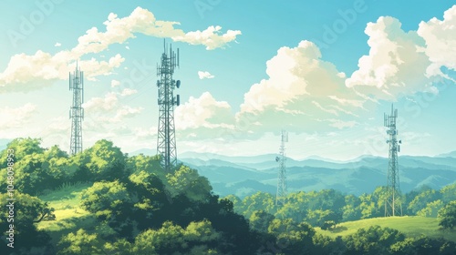 5G rural technology, seamless high-speed connections transforming rural communities, towers in green landscapes, Illustrations, stock photos photo