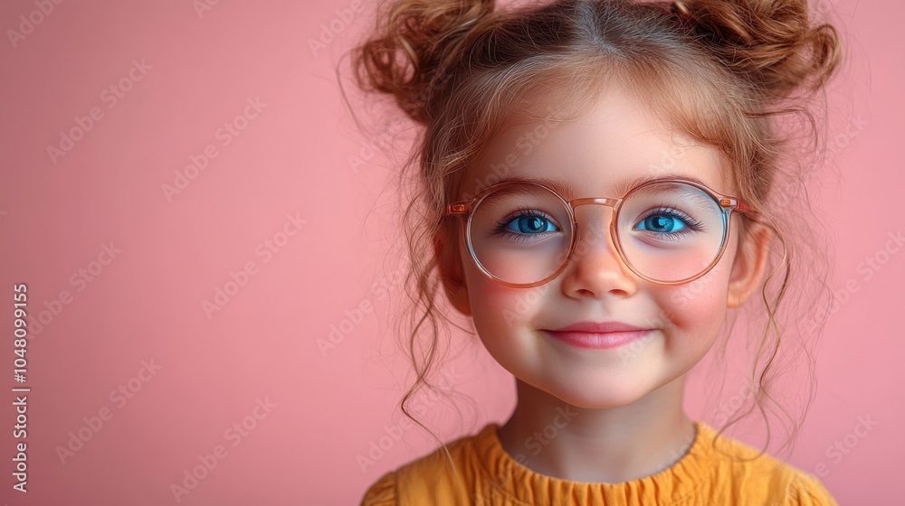 A joyful child with soft, curly hair and round glasses smiles happily while wearing a yellow shirt, set against a vibrant pink backdrop. A joyful child with soft, curly hair and round glasses smiles happily while wearing a yellow shirt, set against a vibrant pink backdrop.