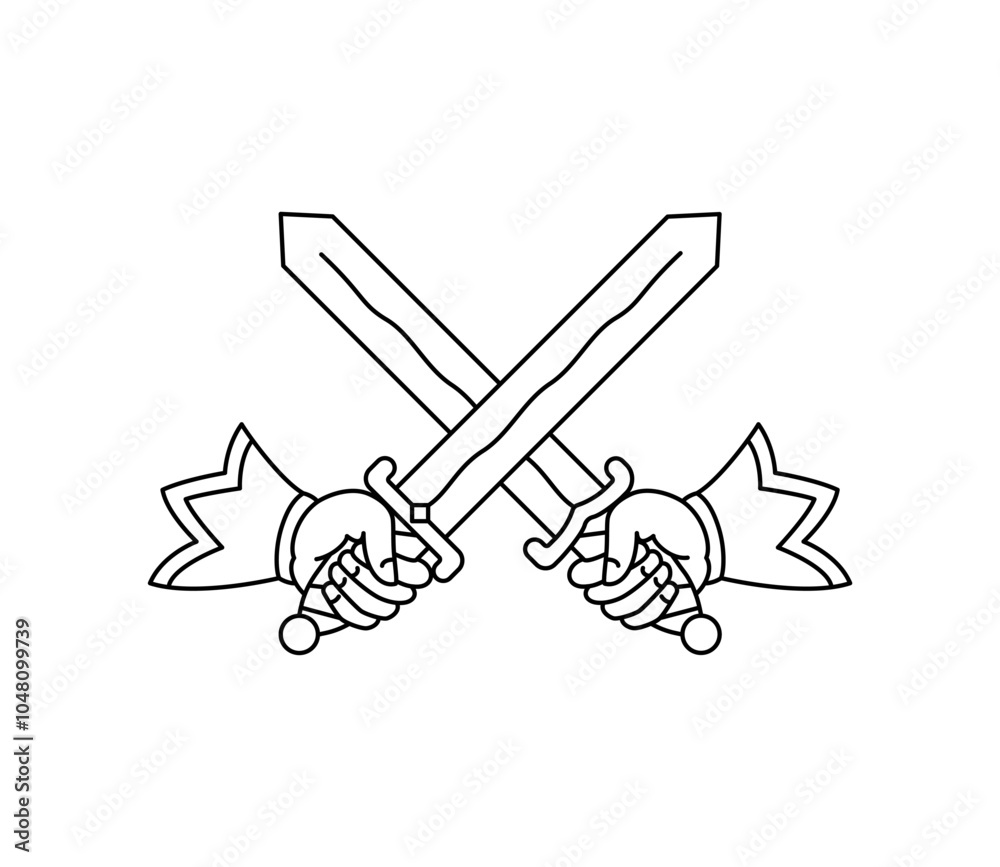 Crossed swords, hand holding sword, sword in hand. Vector line icon editable stroke. Graphic ink drawn illustration isolated in white. Crossed swords, hand holding sword, sword in hand. Vector line icon editable stroke. Graphic ink drawn illustration isolated in white.