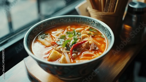 sign showcasing a bowl of hot and sour tom yum soup, filled with fresh ingredients, fully framed