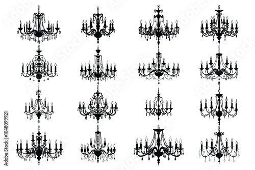 Elegant Chandelier Silhouettes Collection - Vintage and Ornate Chandeliers in Black Vector Illustrations