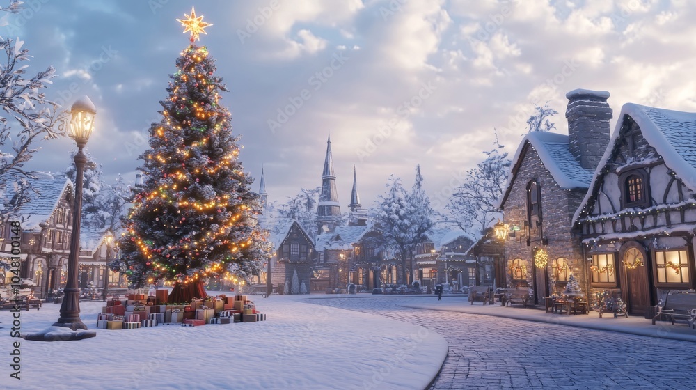 Winter Village Square with Festive Decorations and Tree Winter Village Square with Festive Decorations and Tree