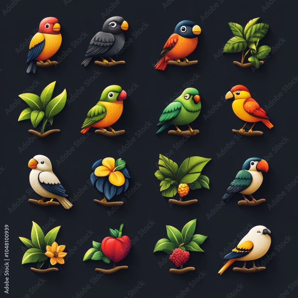 Colorful 2D Bird and Plant Icons Set Colorful 2D Bird and Plant Icons Set