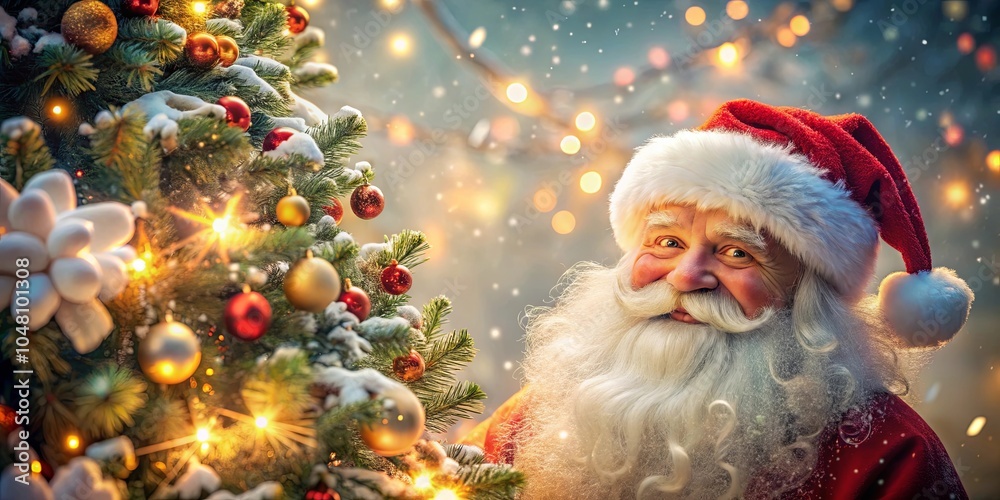 A Jolly Old Elf Smiles Next to a Snowy Christmas Tree Decorated with Festive Lights and Ornaments A Jolly Old Elf Smiles Next to a Snowy Christmas Tree Decorated with Festive Lights and Ornaments