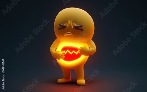 A 3D cartoon emoji of a person with a hand on their stomach, showing a worried expression with a highlighted red area to indicate abdominal inflammation