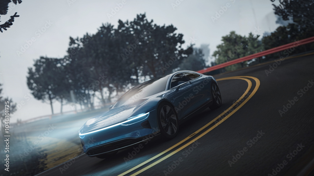 Fototapeta premium A sleek, modern electric car navigates a winding road surrounded by misty trees, creating a futuristic and serene atmosphere.