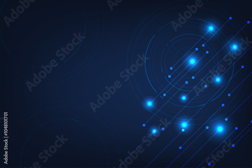 Dark blue background with circles lines and line and dot connection with light, In concept of innovation and modern.