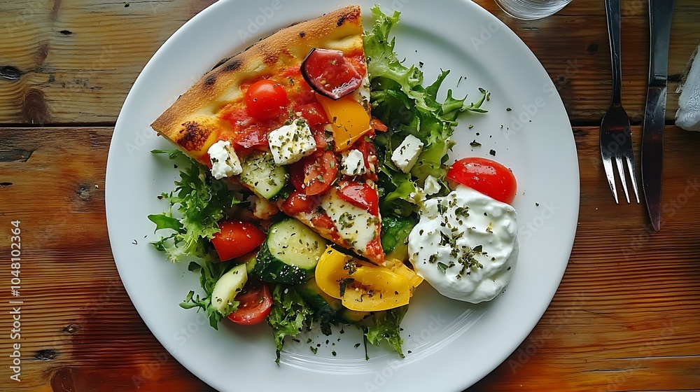 A classic Greek salad with fresh vegetables, served with a slice of pizza and yogurt on a white plate A classic Greek salad with fresh vegetables, served with a slice of pizza and yogurt on a white plate