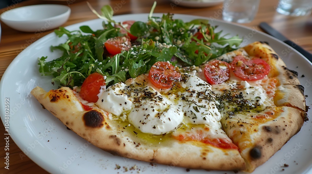 A delicious combination of Greek salad, pizza, and yogurt artfully presented on a clean white plate A delicious combination of Greek salad, pizza, and yogurt artfully presented on a clean white plate