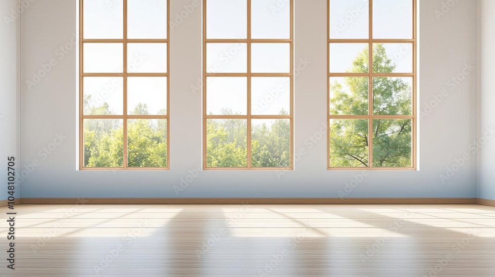Fototapeta premium Spacious room with three large windows, allowing natural light to flood in. Wooden flooring enhances the warm and inviting atmosphere of the space.