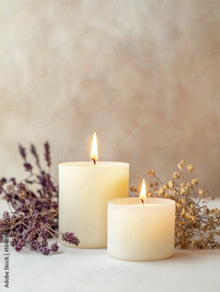 Artisanal candles surrounded by dried flowers, soft focus, romantic mood Artisanal candles surrounded by dried flowers, soft focus, romantic mood