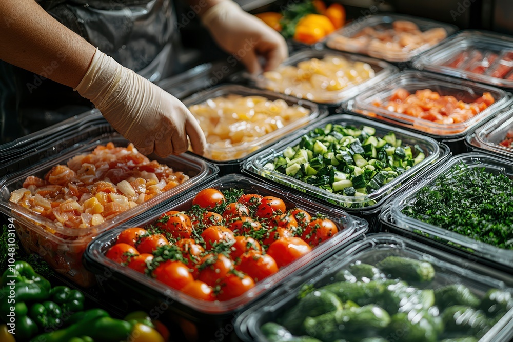 Obraz premium Gloved Hand Reaches for Prepared Salad Ingredients in Plastic Containers