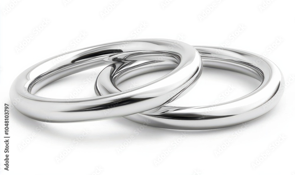 Fototapeta premium Two polished silver wedding bands intertwined, symbolizing love and commitment.