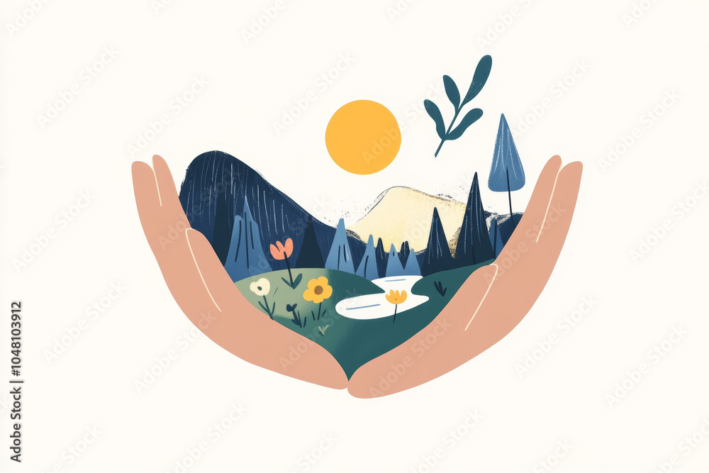 Fototapeta premium A serene landscape illustration showing mountains, trees, and flowers embraced by hands under a bright sun