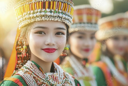 Cultural diplomacy through festivals featuring traditional performances and rituals, engaging crowds with colorful attire, warm sunlight creating a festive feel.