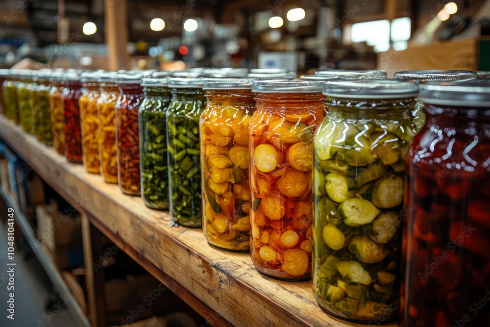 A Row of Glass Jars Filled with Pickled Vegetables A Row of Glass Jars Filled with Pickled Vegetables