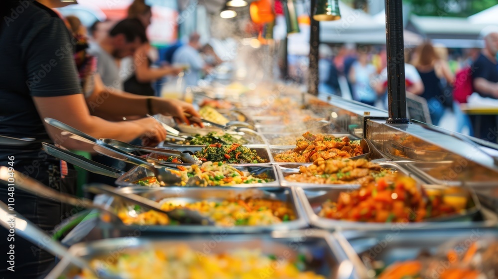 Food Stall With Various Dishes and Customers Choosing Food Food Stall With Various Dishes and Customers Choosing Food