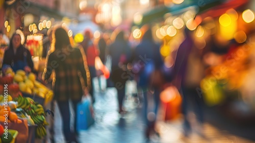 Blurred Street Scene with People and Fruit Stall