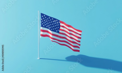 Isometric USA flag standing on a flagpole, with crisp, clear lines and vibrant colors, isolated and detailed