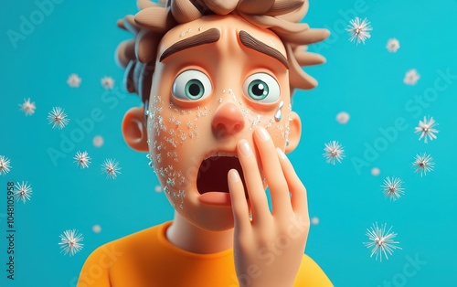 A 3D cartoon emoji of a person with watery eyes and a hand near their mouth, showing a cough reflex with small airburst symbols nearby photo