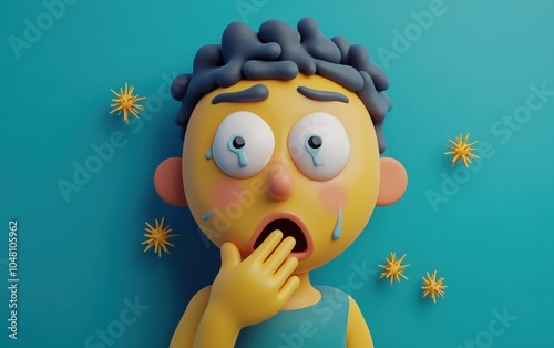 A 3D cartoon emoji of a person with watery eyes and a hand near their mouth, showing a cough reflex with small airburst symbols nearby photo