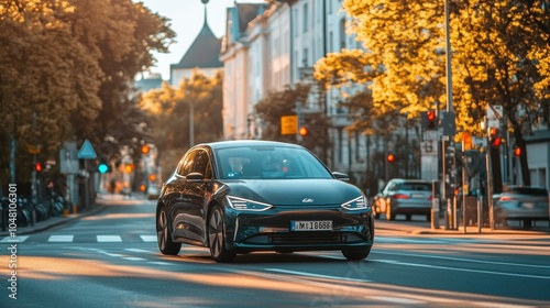 Black Electric Car Driving on City Street at Sunset photo