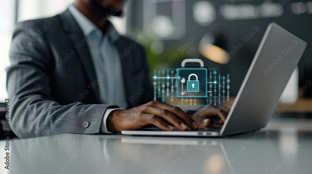 A business professional working on a laptop with cybersecurity graphics, emphasizing the importance of data protection. A business professional working on a laptop with cybersecurity graphics, emphasizing the importance of data protection.