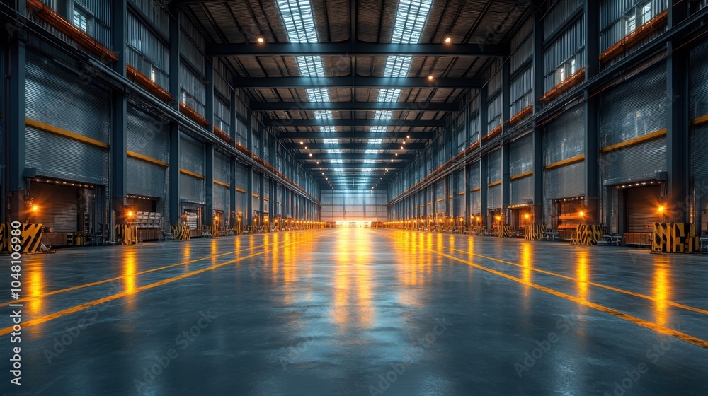 A panoramic view of a metal factory interior featuring spacious workspaces designed for industrial production, showcasing the essence of manufacturing and operational efficiency