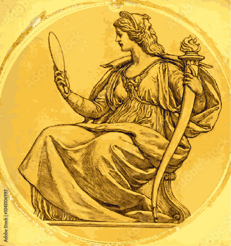  a pencil drawing of a female figure holding a torch and a mirror.