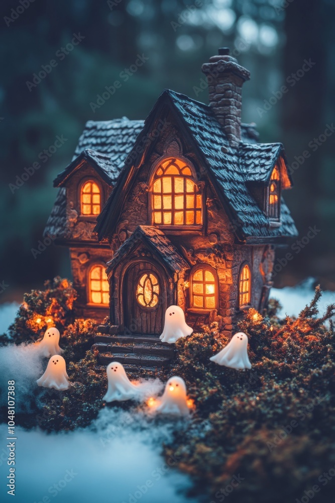 A charming, illuminated miniature haunted house surrounded by whimsical ghosts on a misty forest floor, evoking a magical Halloween ambiance. A charming, illuminated miniature haunted house surrounded by whimsical ghosts on a misty forest floor, evoking a magical Halloween ambiance.