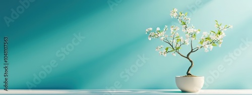Bonsai tree with fresh spring buds on a light seafoam background